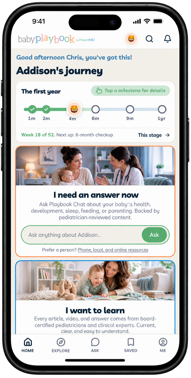 Baby Playbook app on a phone showing a baby's first-year milestone timeline and the Ask Playbook Chat prompt